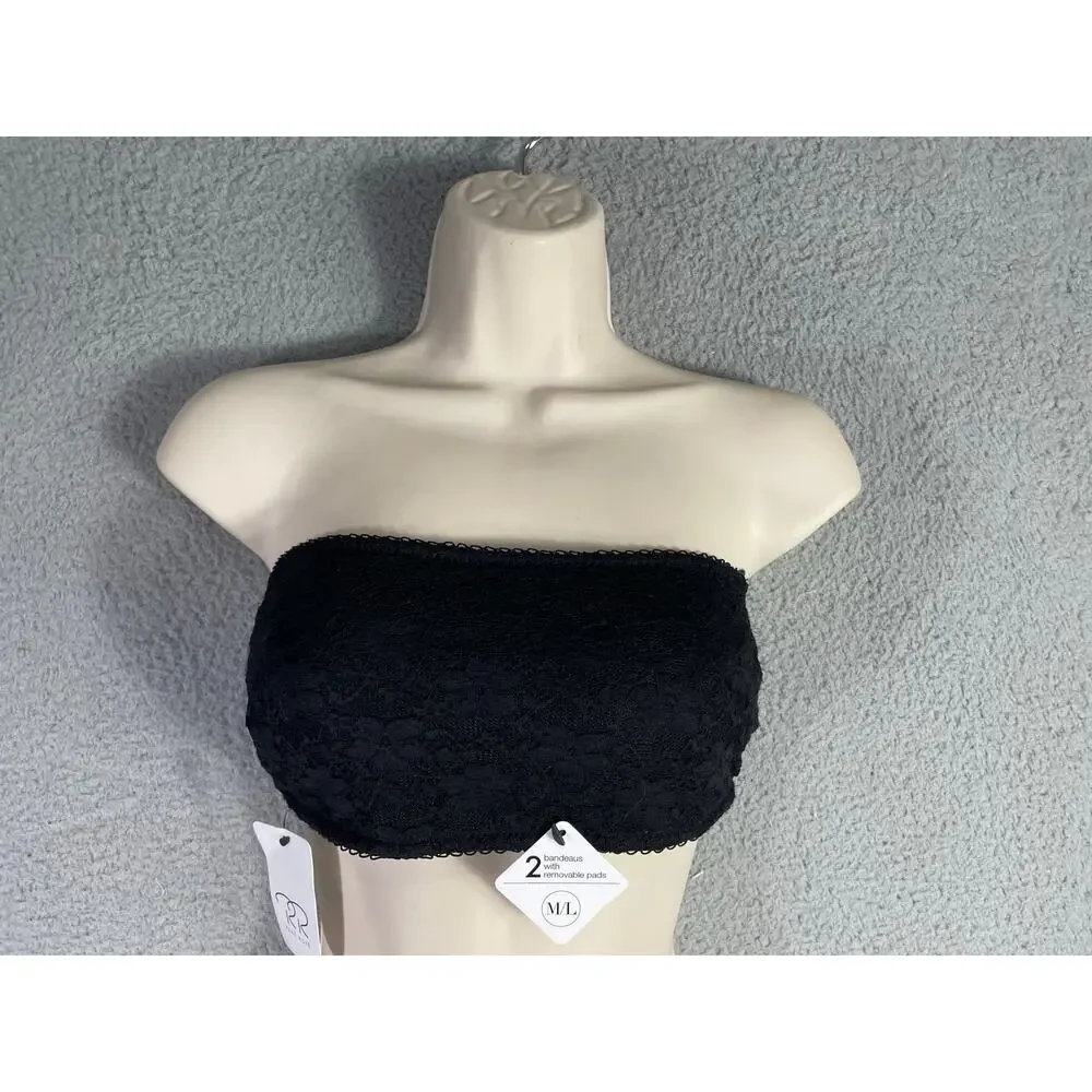 Rene Rofe Black Lace Bandeau Bra‎ M/L Strapless Bralette Removable Pads NWT - Picture 3 of 12